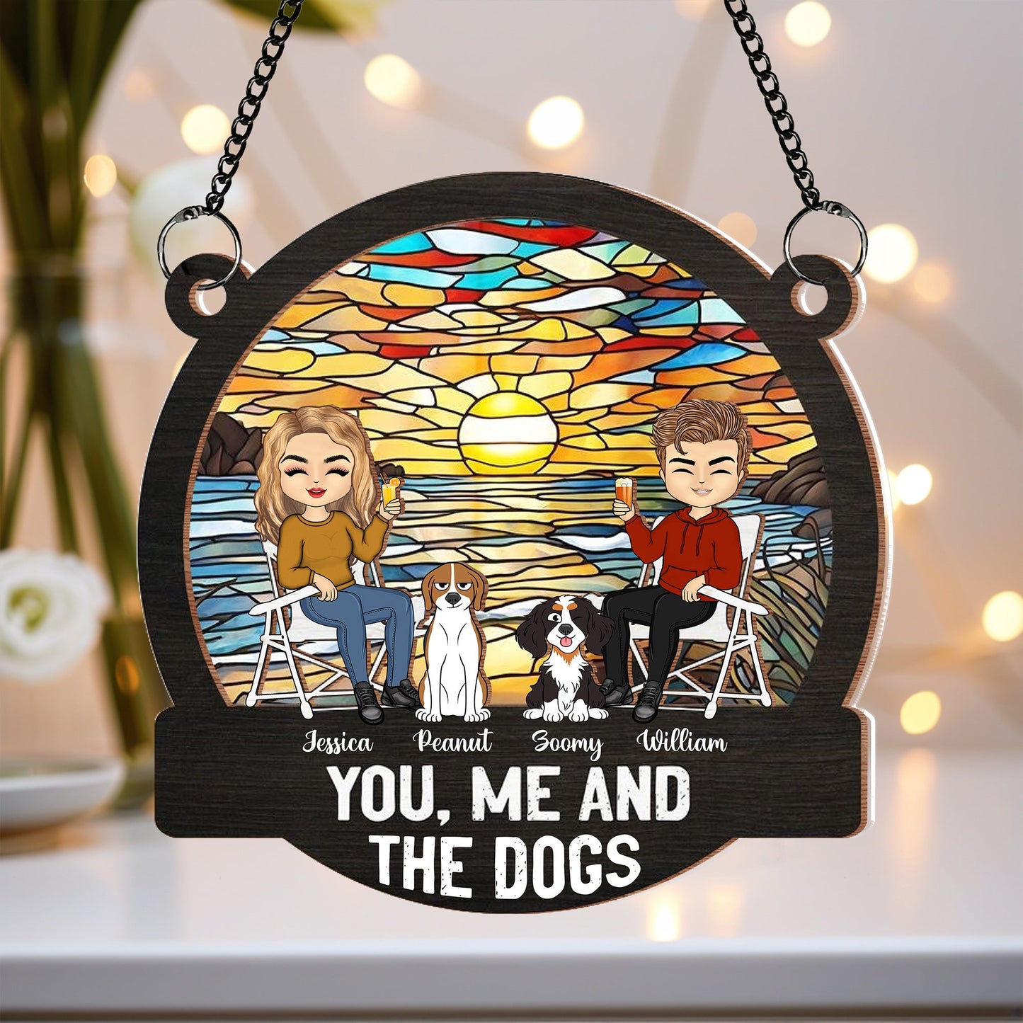 You, Me & the Dog Enjoying a Forest Sunset - Custom Wood & Acrylic Ornament, Perfect for Dog Lovers’ Birthdays or Holiday or valentine's day Gifts