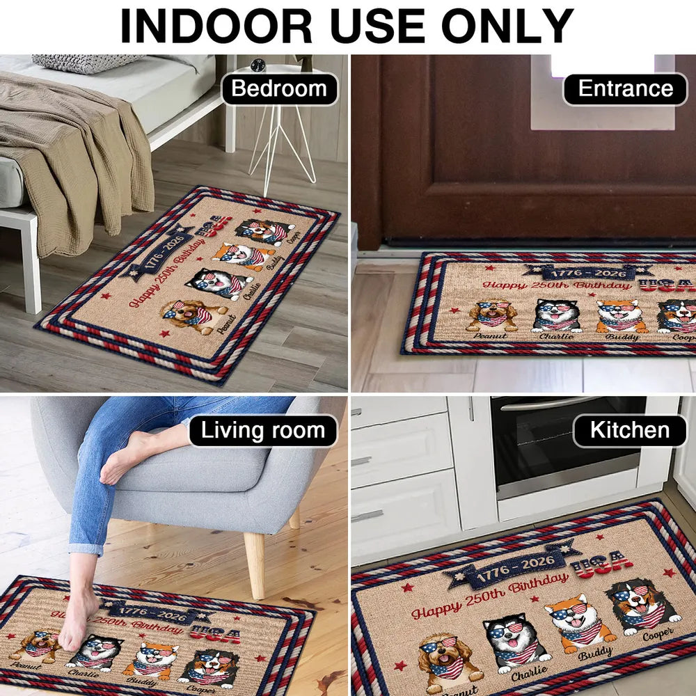 Personalized USA 250th Birthday Dog Standard Doormat for Entryway - Custom Pet Gift Idea with Patriotic Style