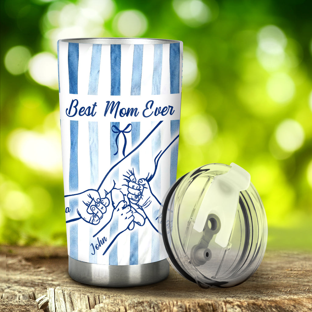 Best Mom Ever Hands Holding Retro Pastel Stripes - Personalized Mother Tumbler