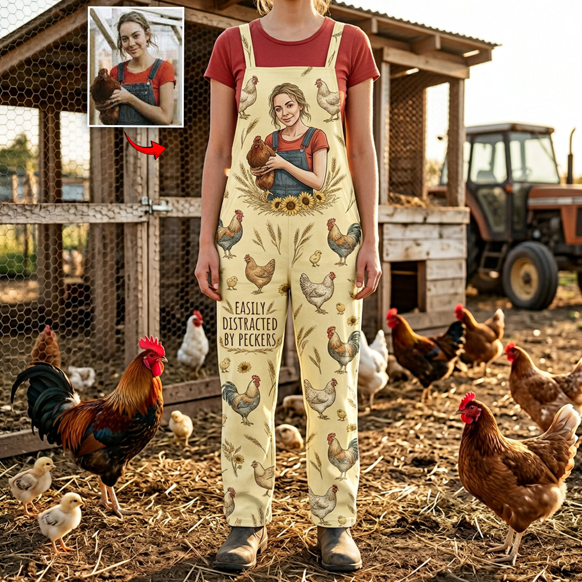 Easily Distracted By Peckers, Farmers Gift - Personalized Chicken Loose-Fit Overalls/ Rompers