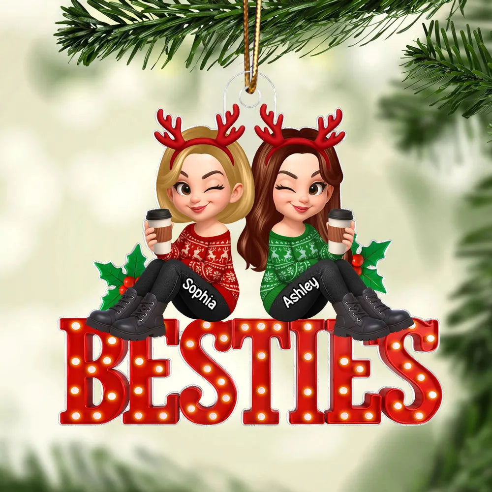 Acrylic Ornament Featuring Besties Cartoon Characters with Holiday Elements, Heartwarming Friendship Gift for Holiday Season