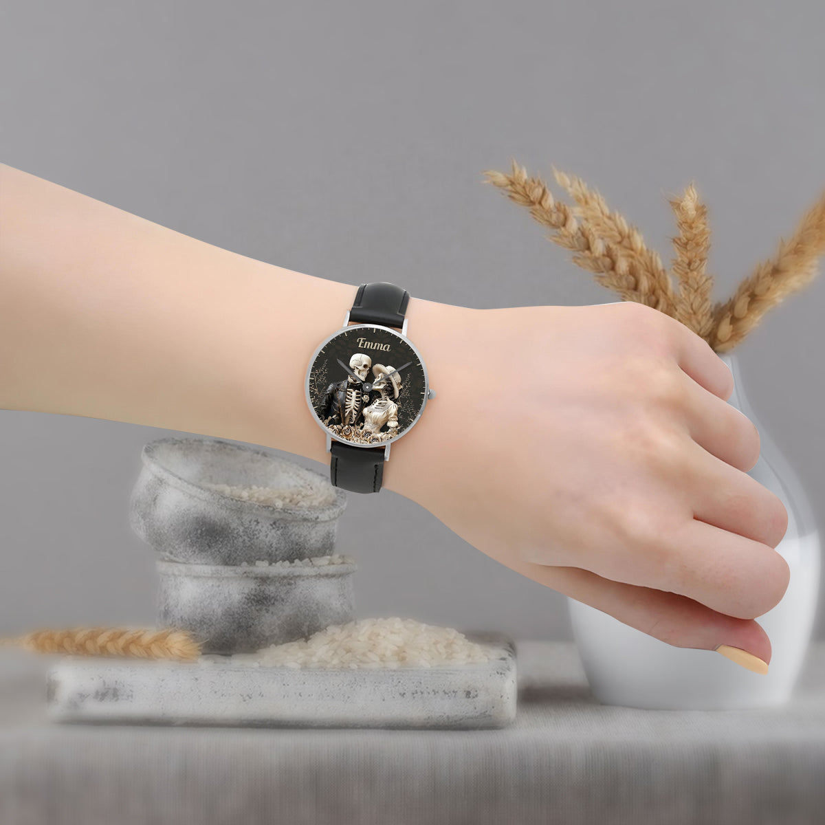 Couple Skull Watch Set With Case - Personalized Couple Hand Watch