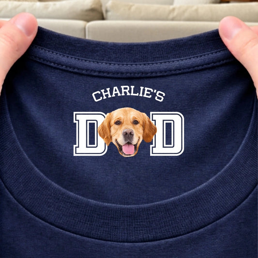Custom Dog Dad Classic Tee With Pet Photo Neck Print, Navy Minimal Look, A Sweet Unique Gift for Pet Parents