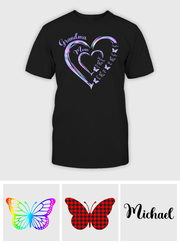 First Mom Now Grandma Butterfly Version - Personalized Grandma T-shirt And Hoodie