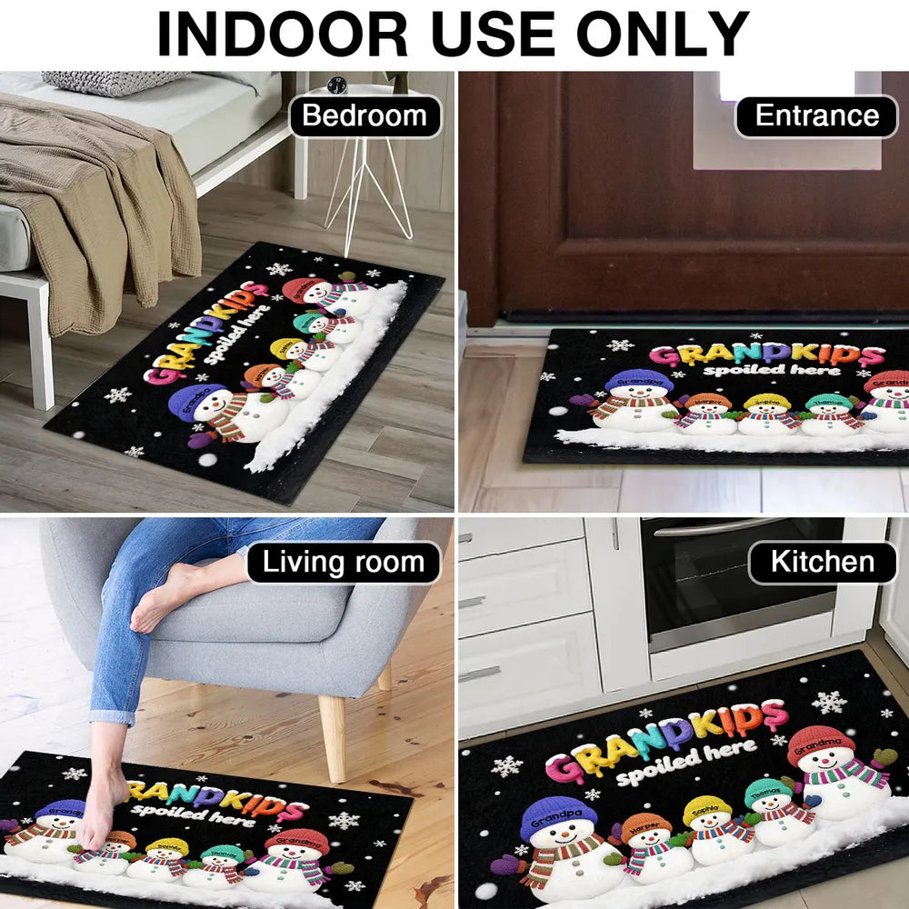 Doormat Personalized Snowman Family for Entryway, Grandkids Spoiled Here, cozy winter look, unique gift for Grandparents