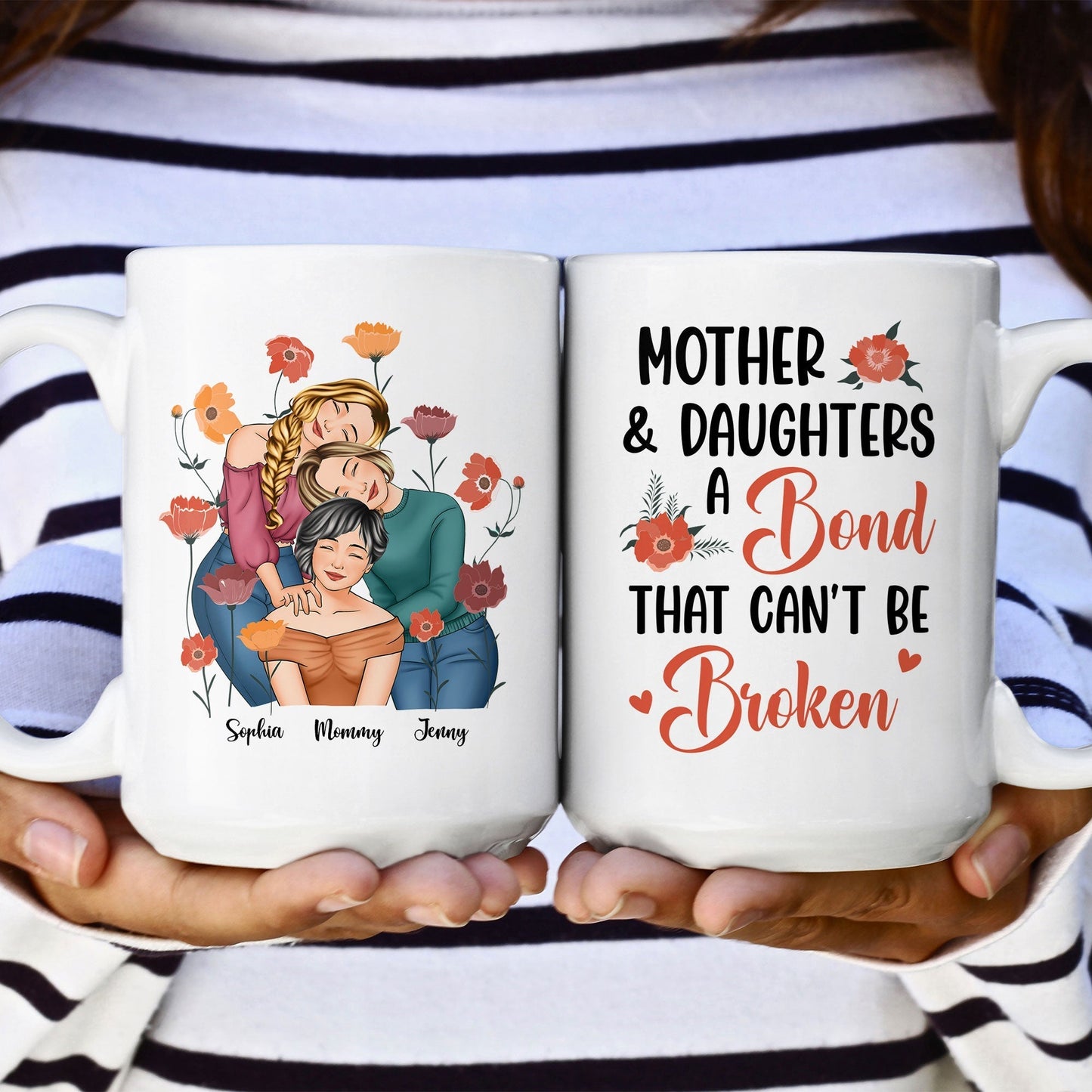 Personalized Gift for Mother or Daughter – Ceramic Mug Featuring Hugging Scene with 'First Our Mother, Forever Our Friend'