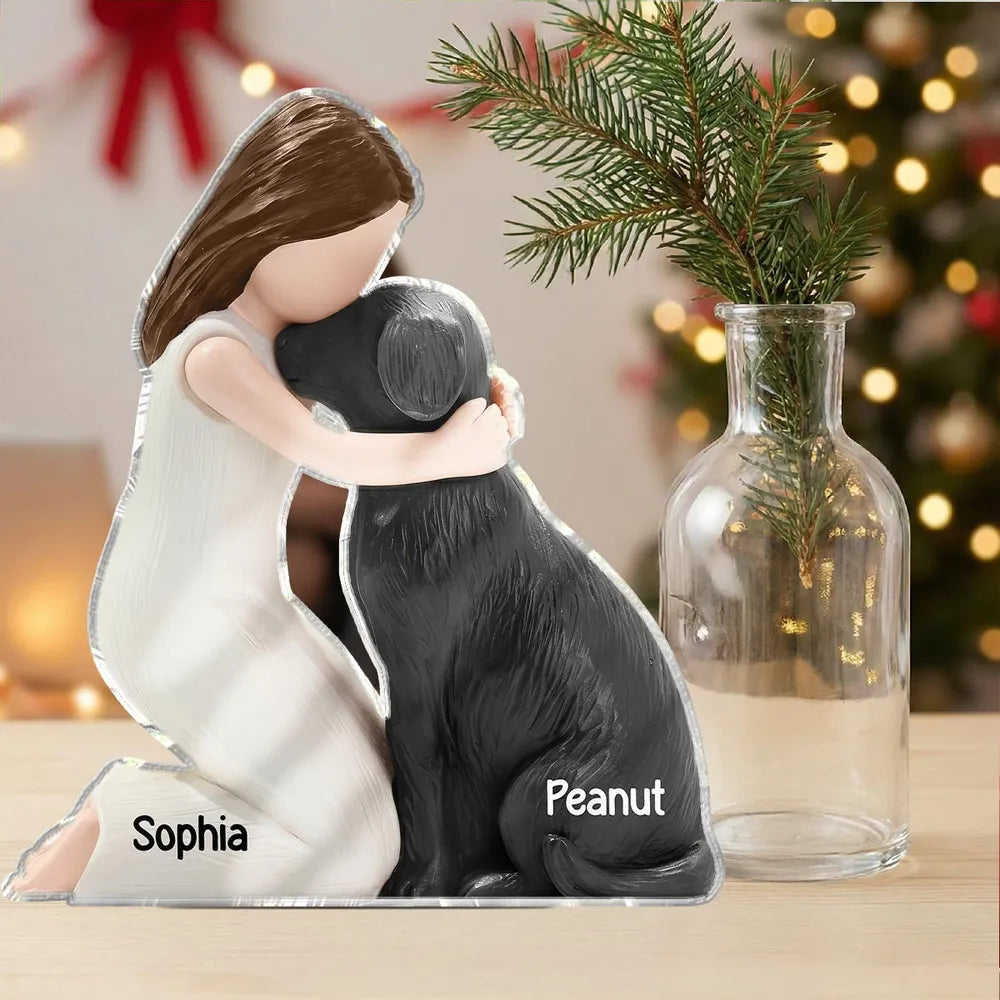 Personalized Shaped Acrylic Block Plaque with Girl Hugging Dog, Heartfelt Pet Lover Gift & Lasting Love Memory Decor