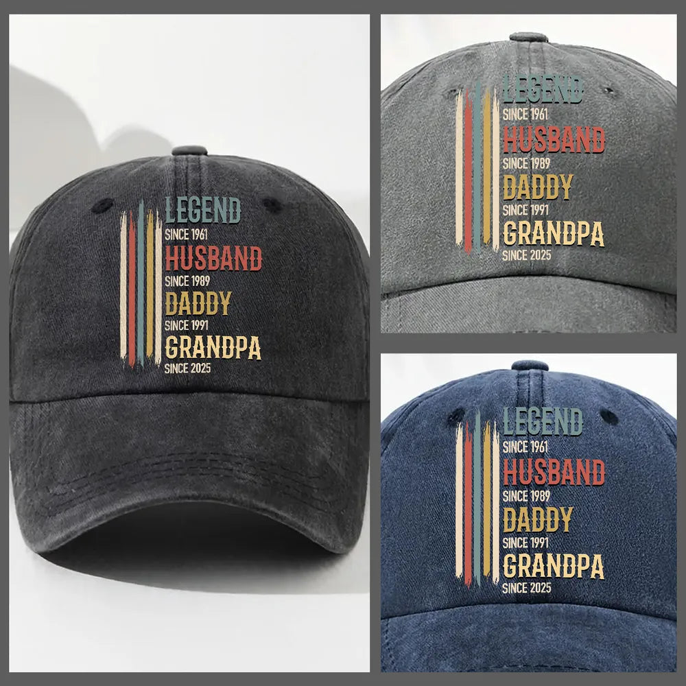 Washed Denim Baseball Cap with Personalized Vintage Legend Message, Everyday Casual Hat for Husband or Grandpa, Thoughtful Gift