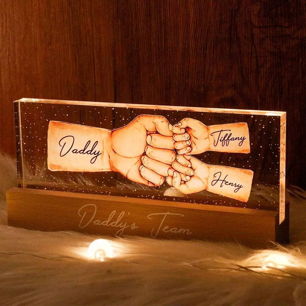 Daddy's Team Fist Bump Personalized Acrylic LED Night Light, Father's Day Gift For Dad, Grandpa, Husband