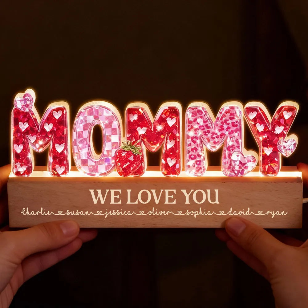 Personalized Shaped Acrylic Block LED Plaque with MOMMY Hearts, Sweet Room Decor, Unique Gift for Mom