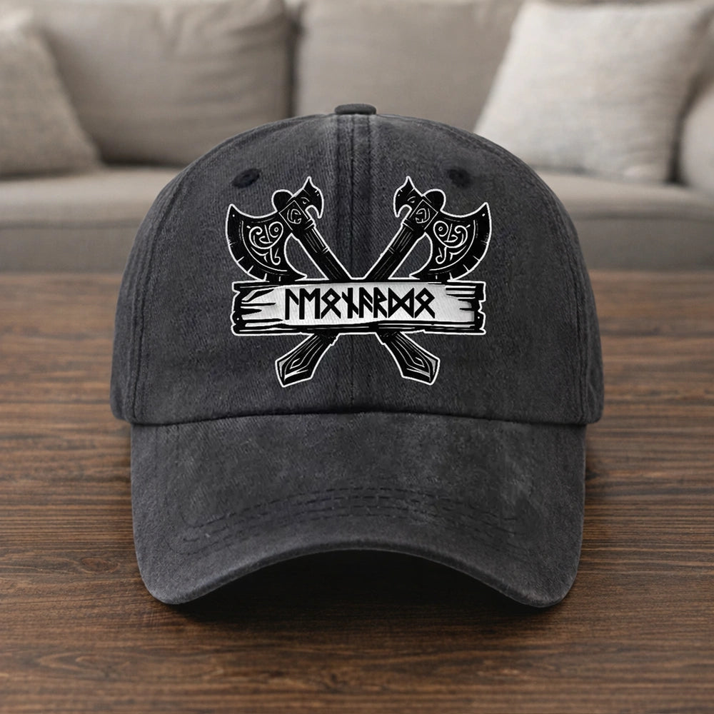Washed Denim Baseball Cap with Crossed Viking Axes Rune Style, Personalized One of a Kind Everyday Sun Cap, Cool Gift
