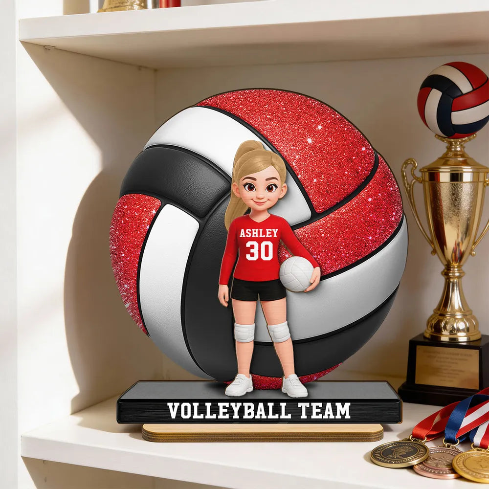 Personalized 2-Layer Wooden Plaque Volleyball Player in Gym - Unique Team Gift with Bold Sparkle Look