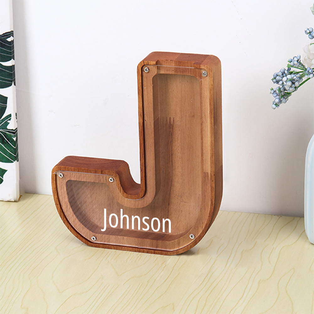 Custom Initial And Name - Personalized Letter And Name Brown Wooden Piggy Bank