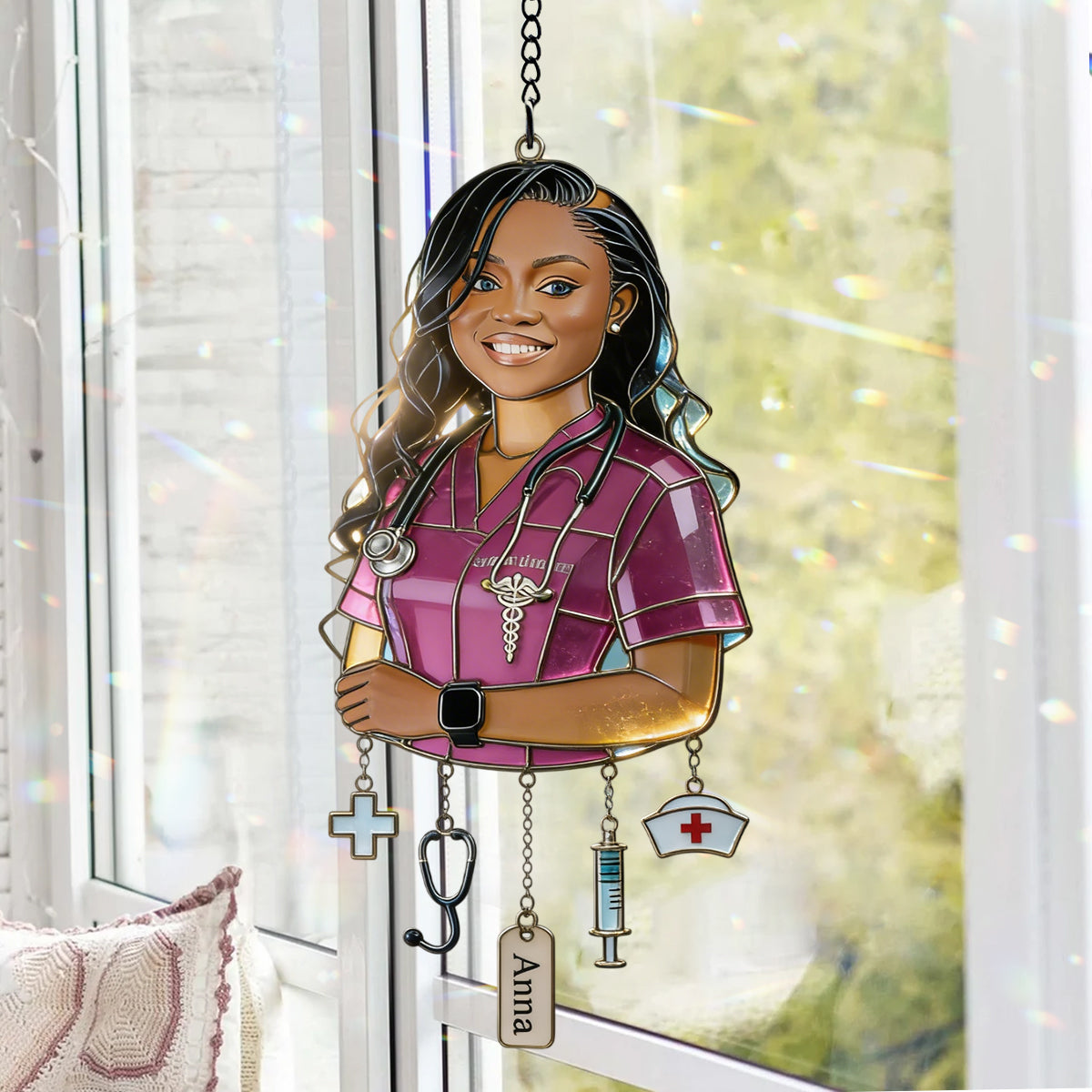 Gift For Nurse - Custom Any Photo - Personalized Nurse Window Hanging Suncatcher With Charms