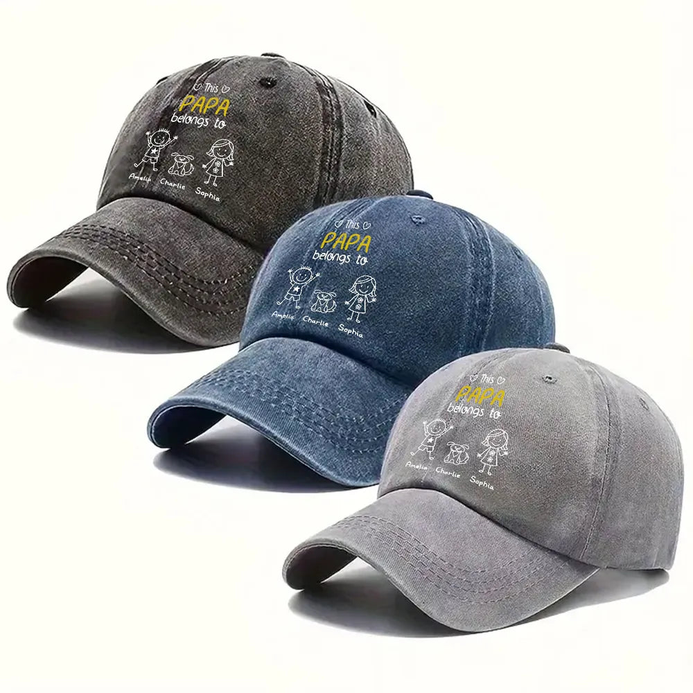 Baseball Cap, Washed Denim Personalized 'This Dad Belongs To' Design, Adjustable & Breathable - Unique Gift for Dad