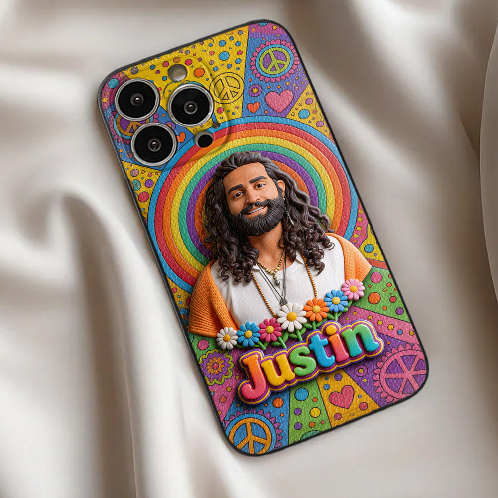 Hippie Theme, Custom From Any Image - Personalized Hippie 3D Embossed Leather Phone Case