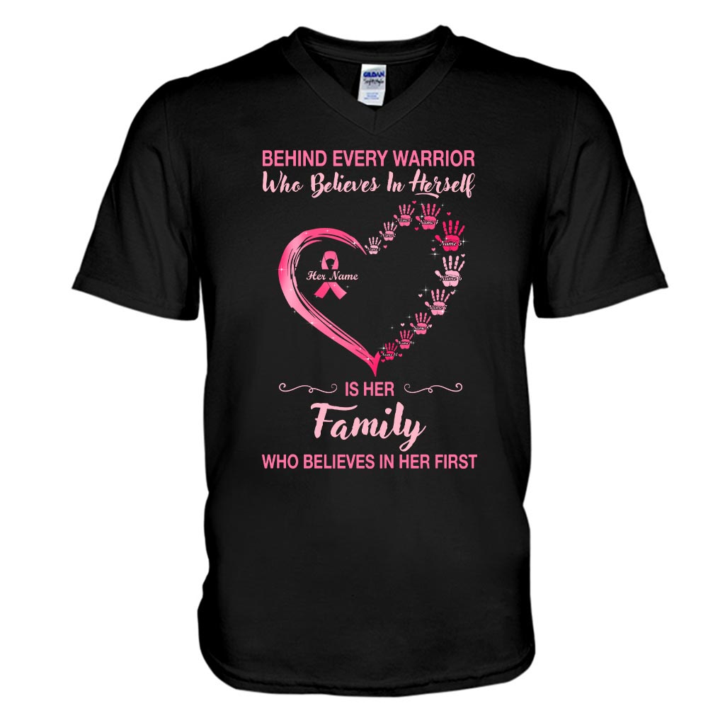 Behind Every Warrior Pink Heart Hand Prints - Breast Cancer Awareness Personalized T-shirt And Hoodie