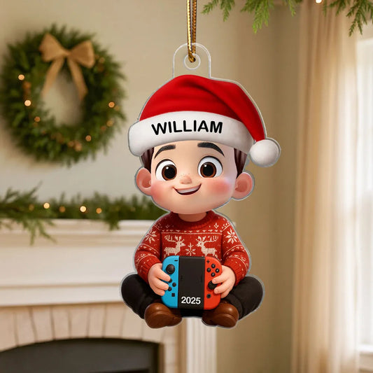 Personalized Cartoon Christmas Ornament with custom name, playful Nintendo Switch design, perfect gift for kids and gamers, ideal for holiday decorating