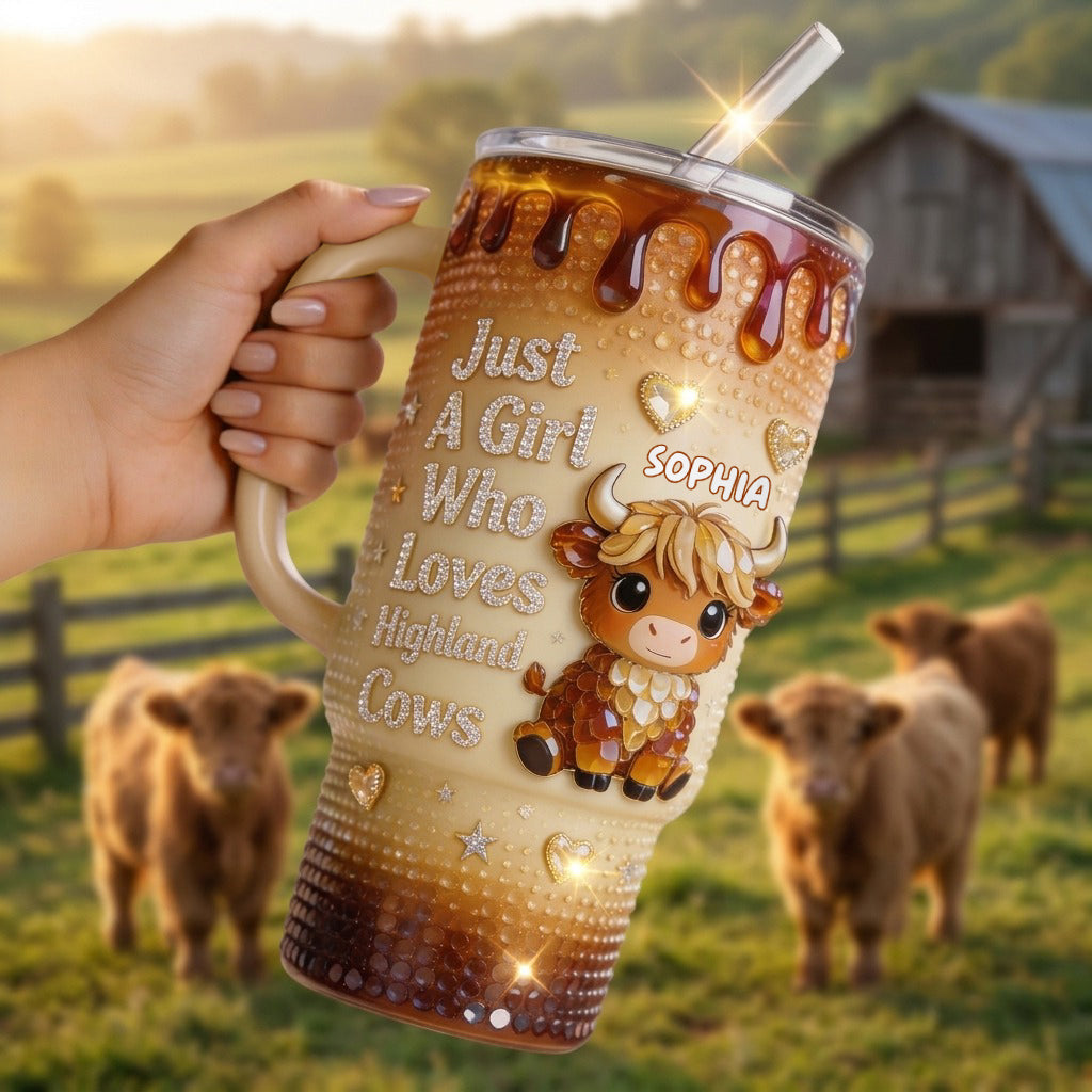 Just A Girl Who Loves Highland Cow - Personalized Highland Cow Tumbler With Handle