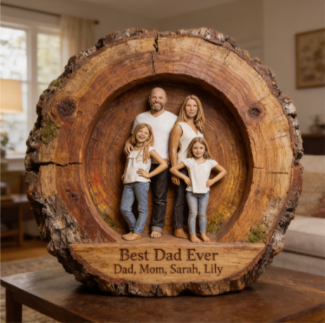 Custom Best Dad Ever Wood Log Figurine, Personalized Father and Daughter Carved Statue, Rustic Tabletop Decor Gift for Father's Day
