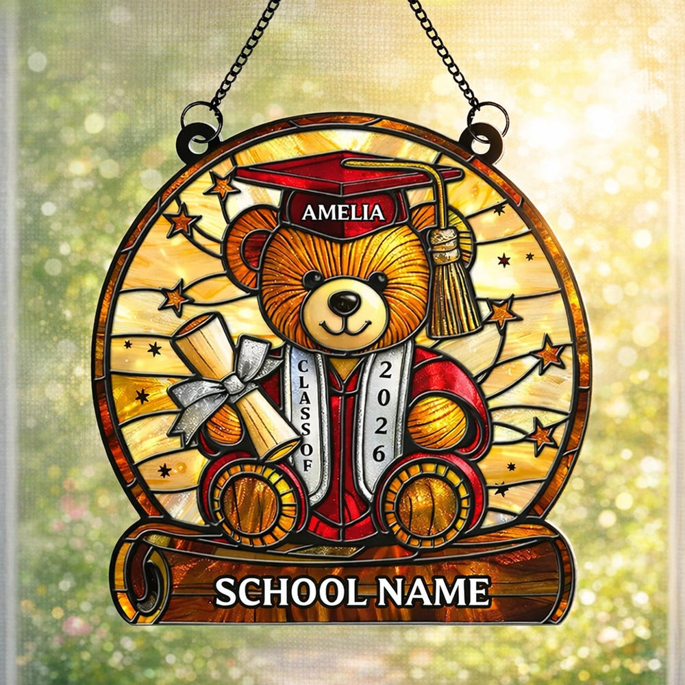 Stained Glass Style Graduation Teddy Bear Acrylic Suncatcher Ornament, Sweet Window Keepsake Gift for a Proud Grad