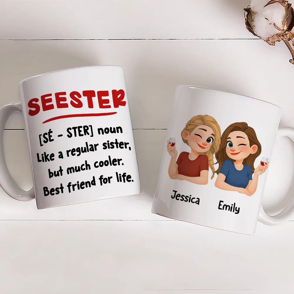 Personalized Seester Squad Ceramic Mug with Cute Cartoon Besties - Unique Coworker or Best Friend Gift