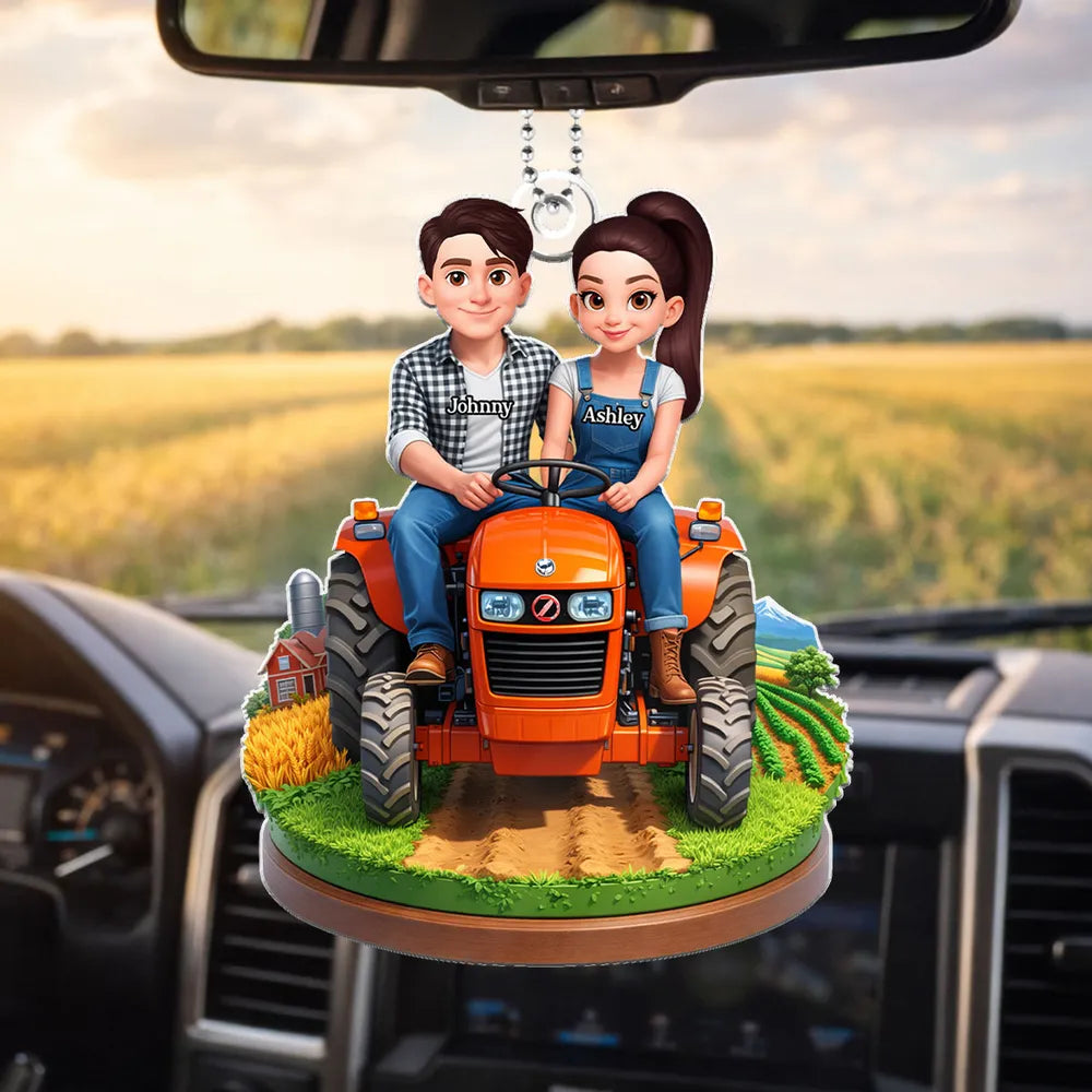 Personalized Acrylic Car Hanger Cute Cartoon Farmer Couple on Tractor, Country Drive Mirror Decor, Unique Gift