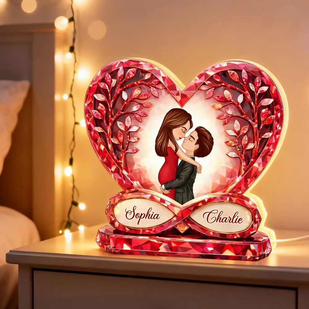 Personalized Acrylic Light Box with Kissing Couple in Heart, Warm Glow Bedroom Decor, Unique Gift for Him or Her