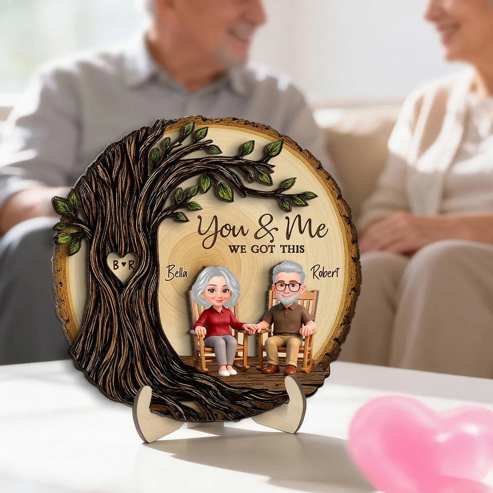 Personalized 2-Layer Wooden Plaque with You & Me We Got This, Couple Holding Hands Under Heart Tree, Unique Gift