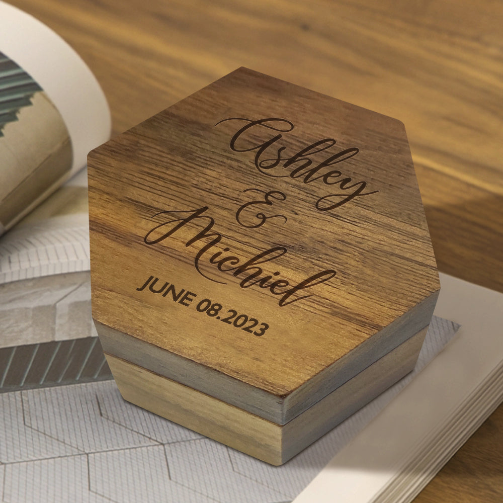 Custom Engraved Text - Personalized Hexagon Wooden Jewelry Box