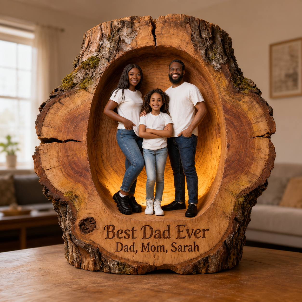 Custom Best Dad Ever Wood Log Figurine, Personalized Family Portrait Statue for Black Dad, Rustic Tabletop Decor Gift