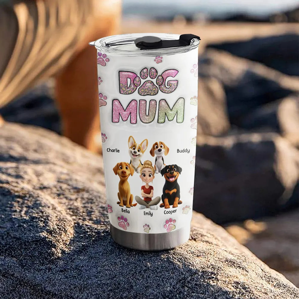 Insulated Travel Tumbler – Cartoon Dog & Mom, Glitter “DOG MOM” Paw Design, Personalized Gift
