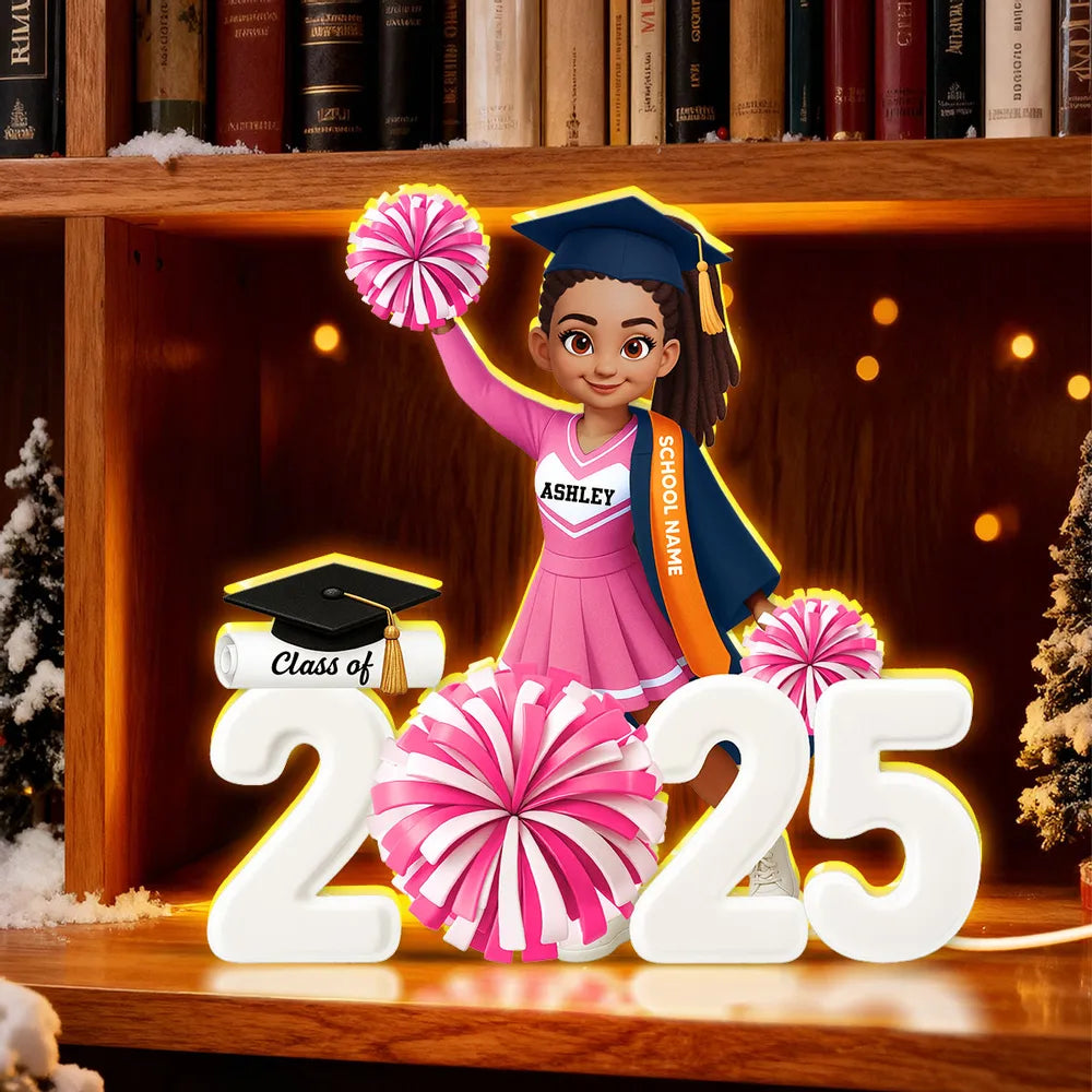 Personalized Acrylic Light Box Graduation Décor with Cheerleader Design & Warm Glow – Unique Gift for Class of Grad