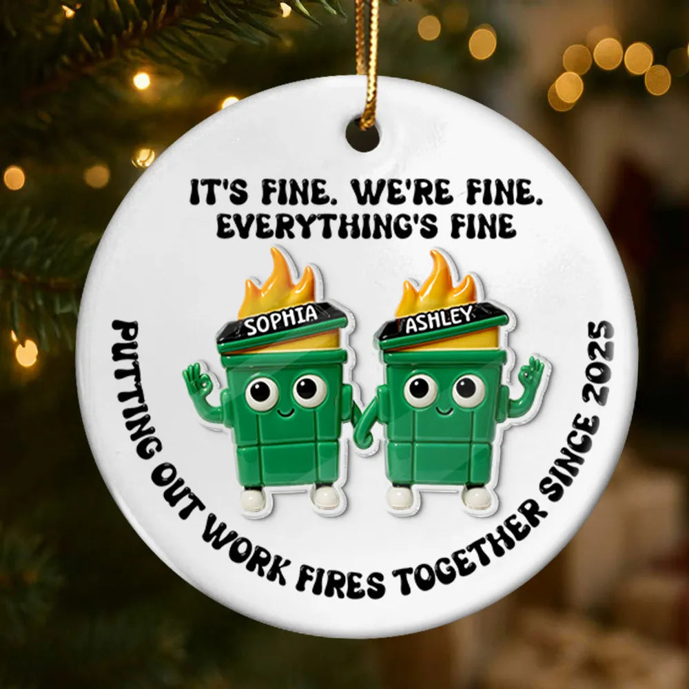 Ornament - Dumpster Fire Work Bestie, Customizable Ceramic with Acrylic Pieces, Office Decor, a unique gift for Coworkers