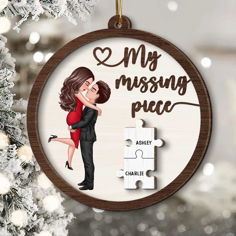 My Missing Piece Couple Hugging Kissing Personalized 2-Layer Wooden Ornament or Plaque or Keychain or Cup