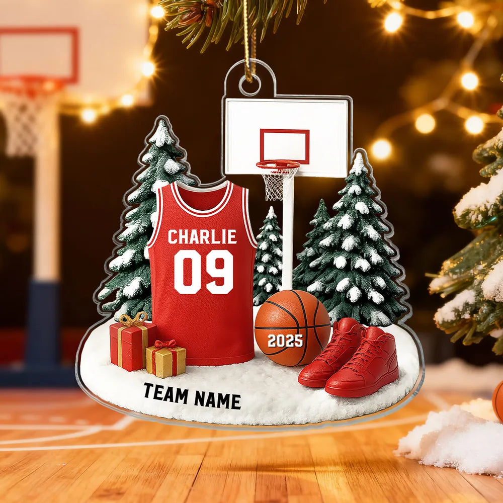 Basketball Acrylic Ornament for Christmas Tree, customizable details, snowy court scene, perfect gift for players, fans, and coaches