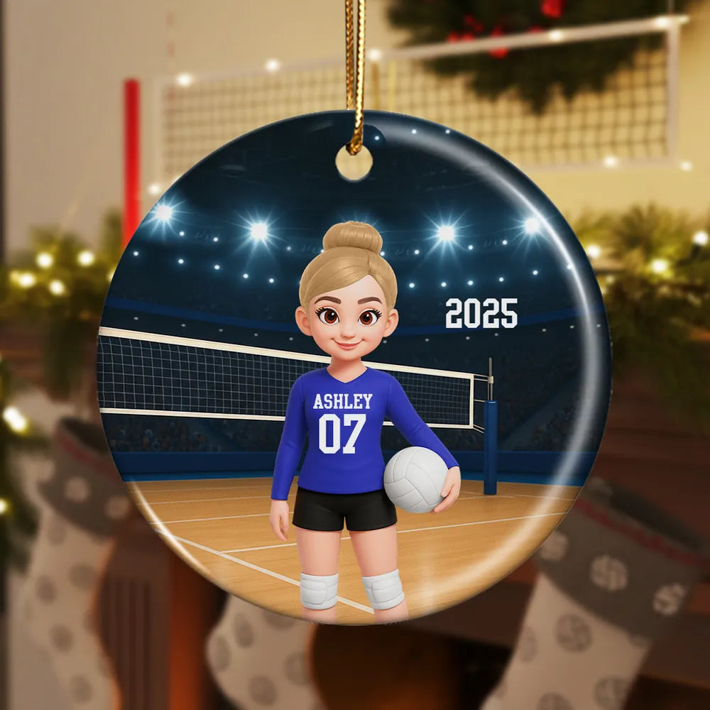 Volleyball Girl Ceramic Ornament with Court Scene, Unique Gift for Teen Athlete or Daughter