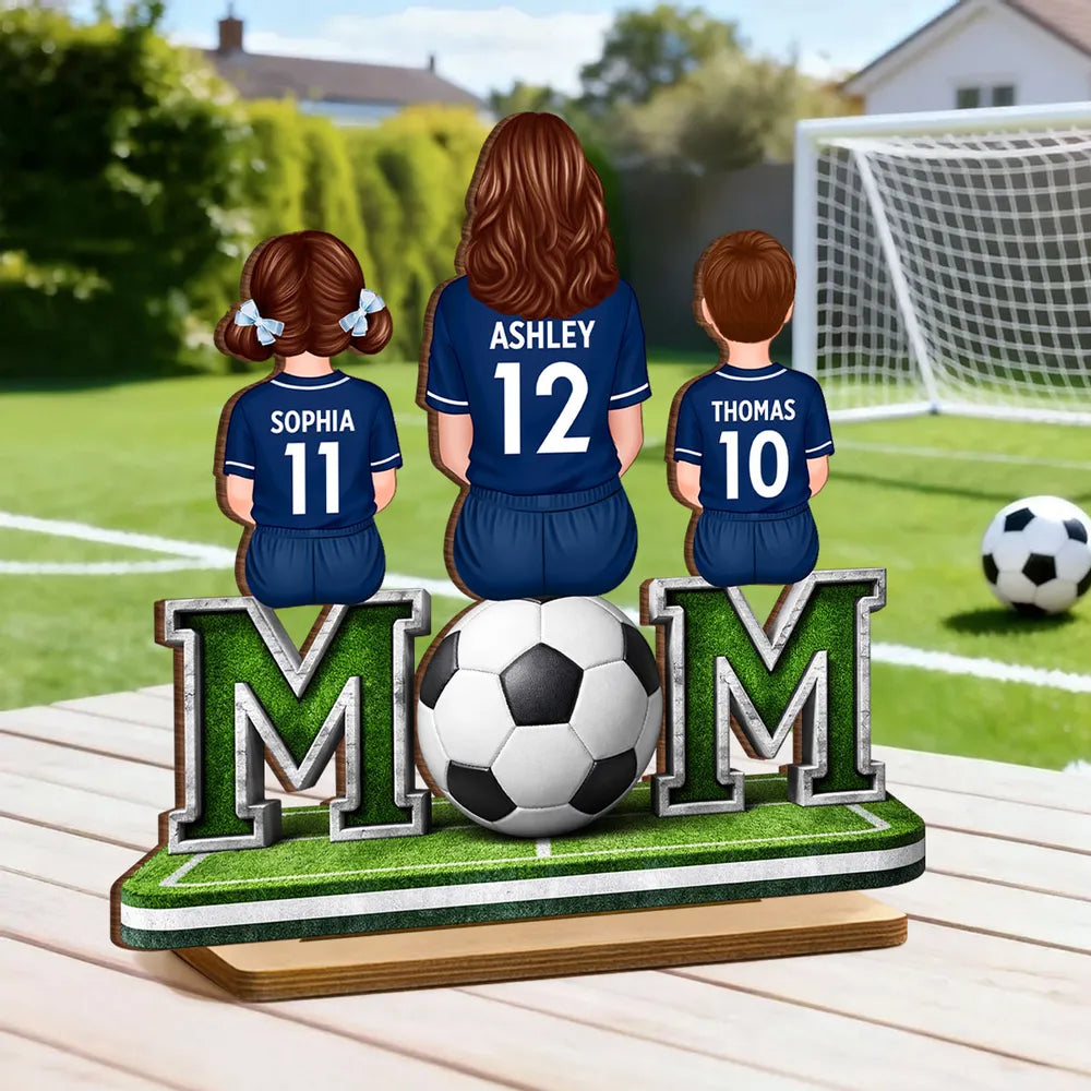 Personalized Soccer Mom and Kids 2-Layer Wooden Plaque, Sitting on Field with Ball, Unique Gift for Mom with Heartfelt Keepsake