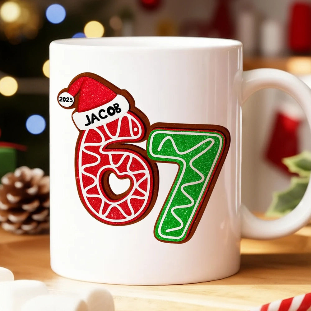 Personalized “67” Christmas Mug with Cute Cookie Design, Custom Name Holiday Gift for Kids, Teens & Grandkids