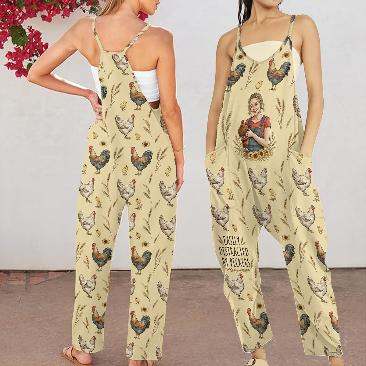 Easily Distracted By Peckers, Farmers Gift - Personalized Chicken Loose-Fit Overalls/ Rompers