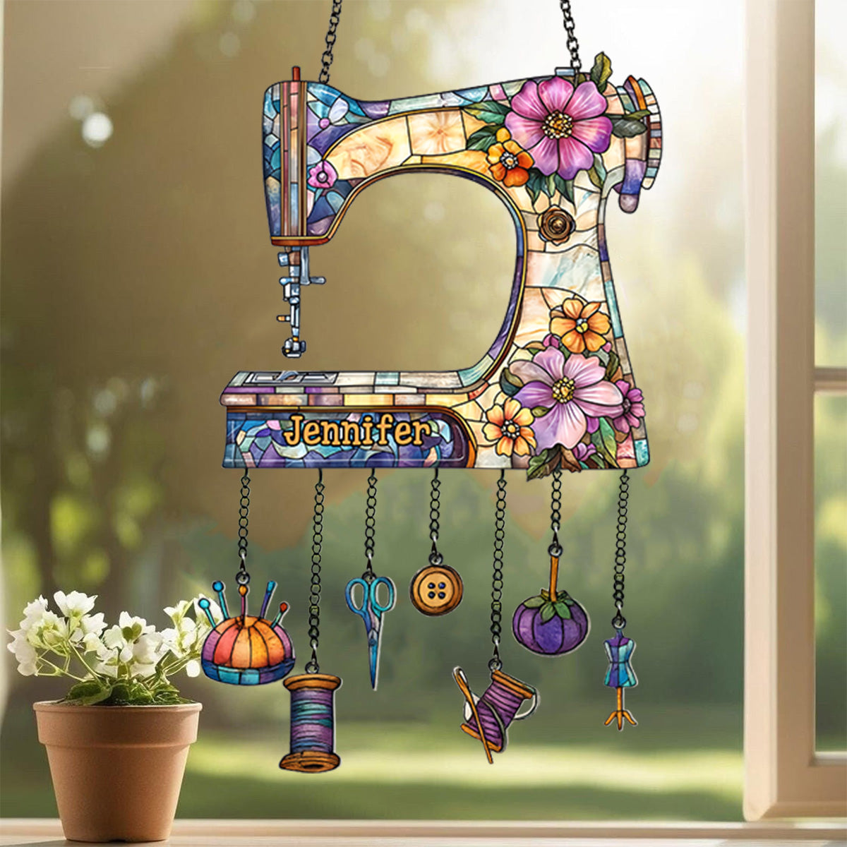 Beautiful Sewing Machine - Personalized Sewing Window Hanging Suncatcher With Charms