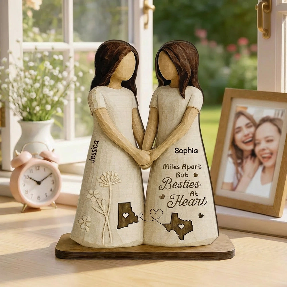Personalized Wooden Plaque Besties At Heart Long-Distance Friends Holding Hands Rustic Shelf Decor Unique Gift