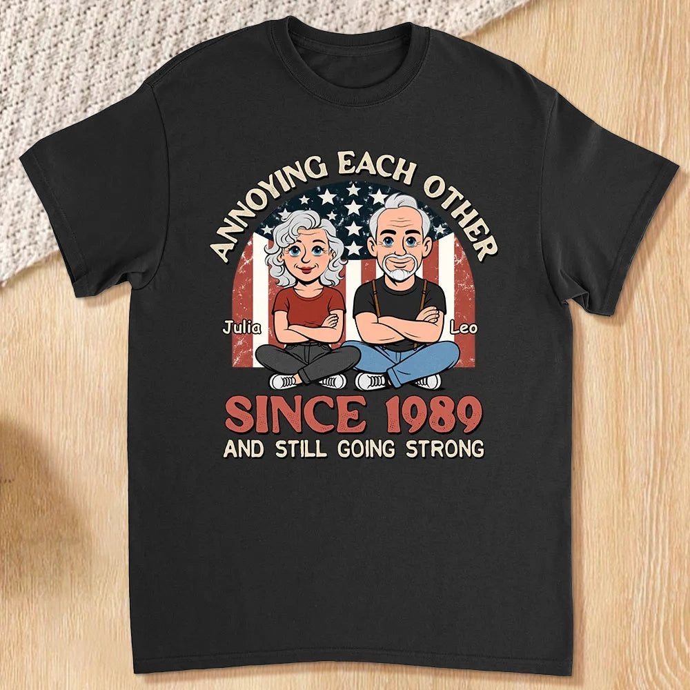 Personalized Classic Tee With Funny Couple Cartoon and USA Flag Backdrop - Unique Anniversary Gift
