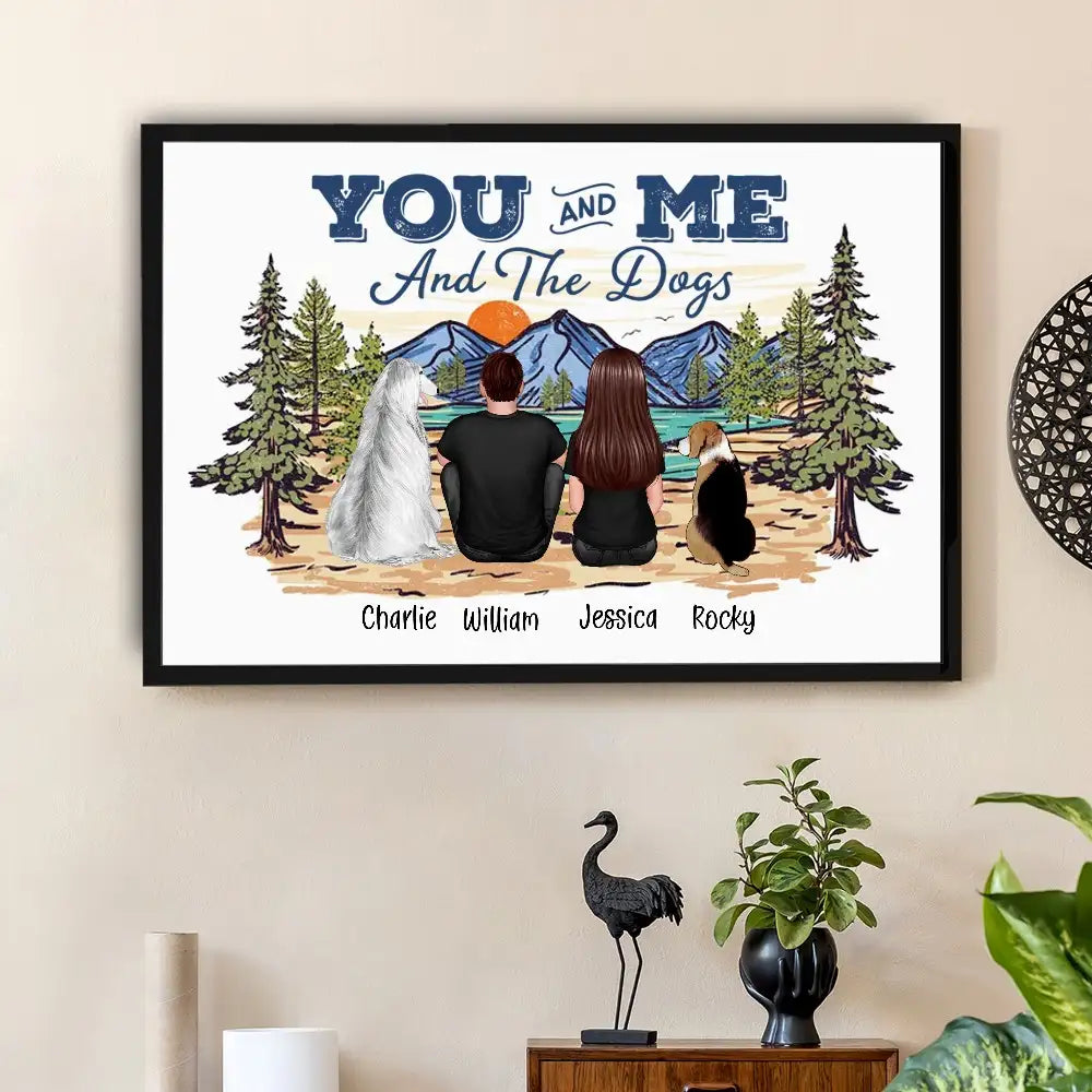 Couple with Dogs Poster Print, Scenic Mountain Landscape Design, Heartwarming Home Wall Art