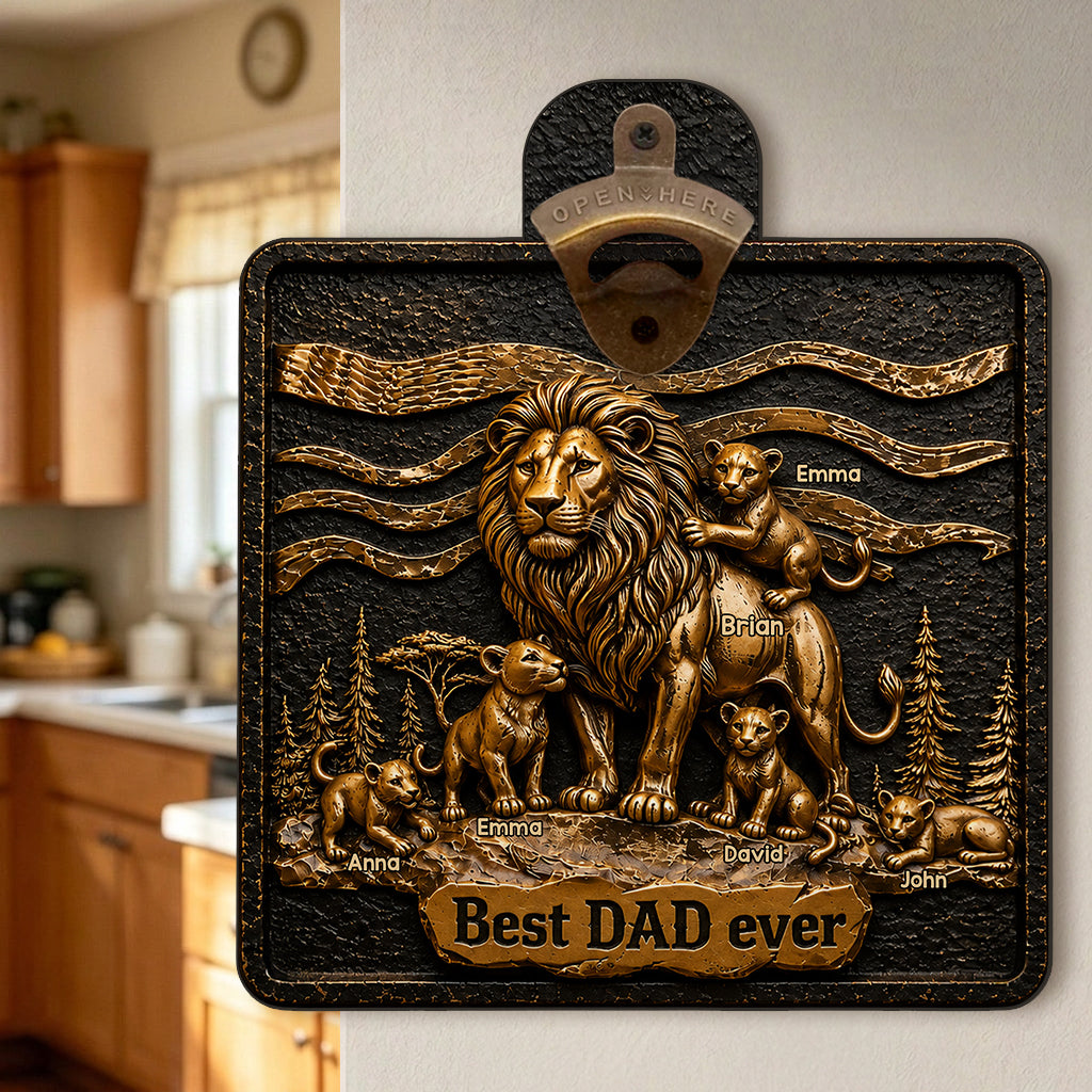 Lion Dad And Kids - Personalized Father Wall Bottle Opener