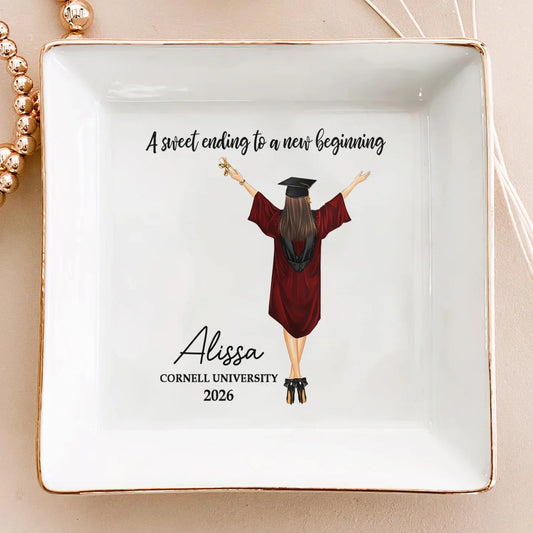 Personalized Graduation Jewelry Dish with 'A sweet ending to a new beginning' Quote, Unique Keepsake Gift for Her
