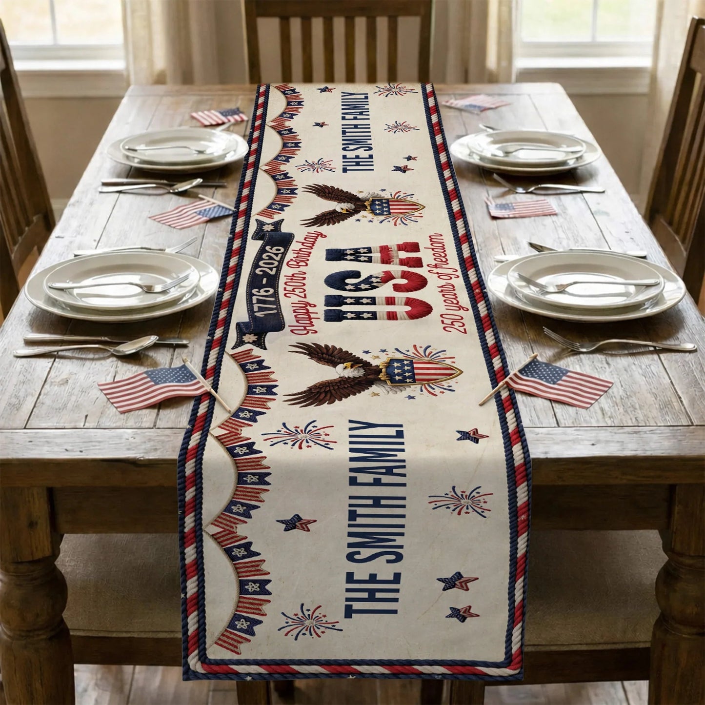 Personalized USA 250th Anniversary Table Runner with Patriotic Eagles & Fireworks - Unique Creative Gift for Family Hosts