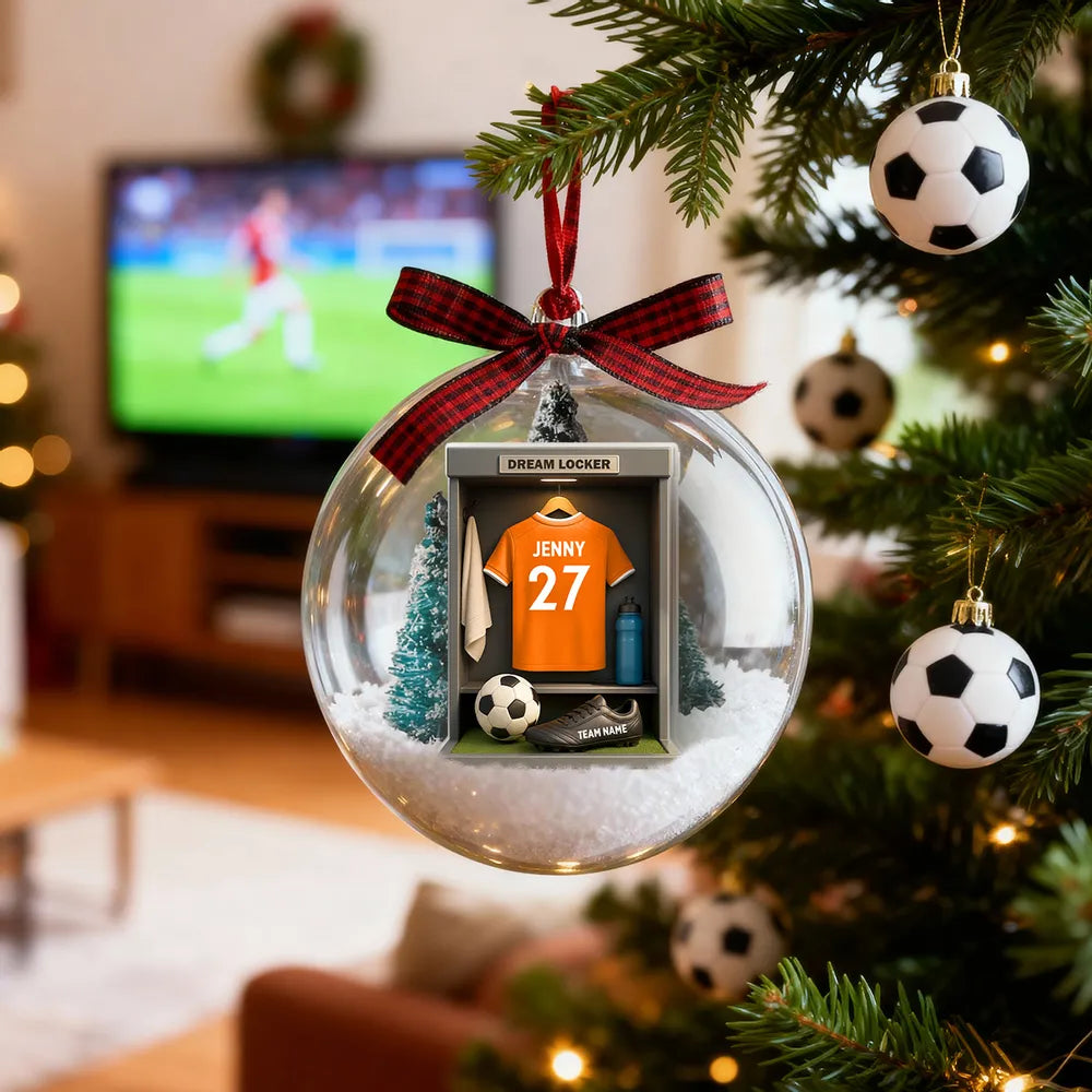 Christmas Snow Globe Ornament - Soccer Locker Mini Scene, Clear Acrylic, Personalized - Unique Gift for Son, Grandson, Boyfriend