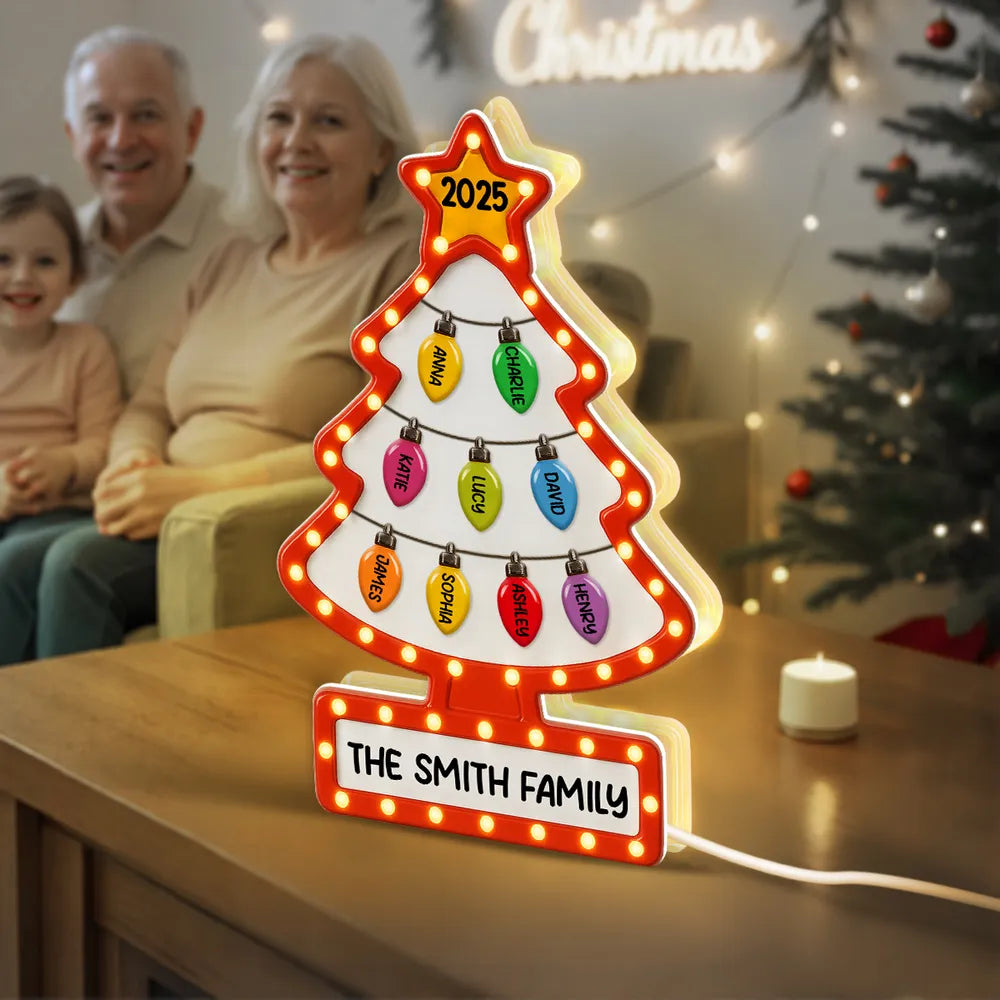 Family Christmas Tree Acrylic Light Box – Personalized Holiday Gift, Festive Home Decoration