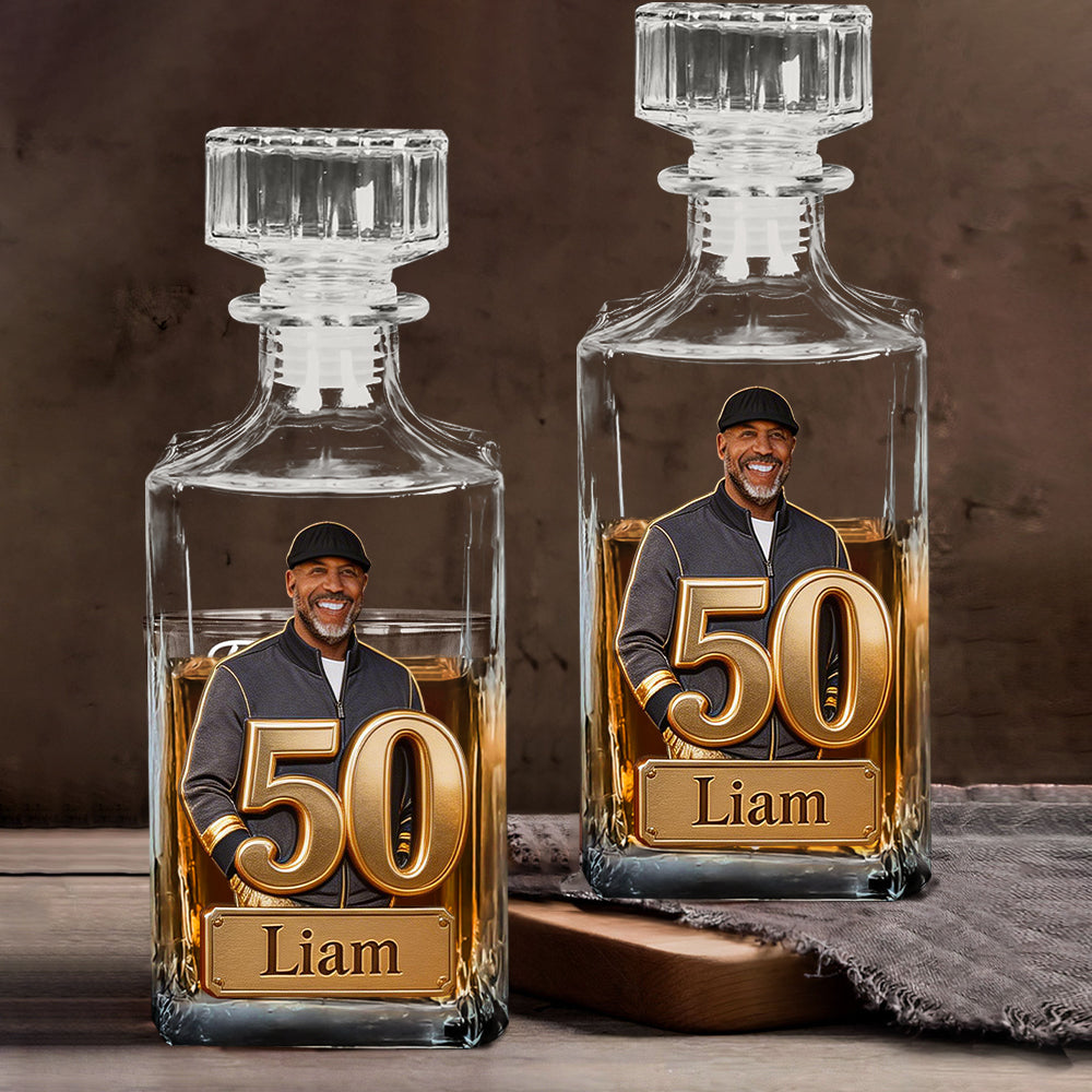 Custom Any Photo, Number - Personalized Birthday Whiskey Decanter Set